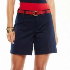 New! Size 6 Women Ralph Lauren CHAPS Shorts Flat Front Sateen Stretch Navy Blue