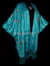 Turquoise Embroidered Silk Kimono Caftan Duster Opera Coat Maya Matazaro Plus