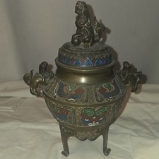 Chinese Cloisonne Incense Burner Foo Dog Lid Tripod Multi-Color Antique