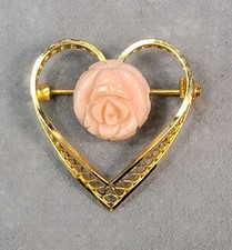 Vintage 1/20TH 12K GOLD FILLED Pink Carved ROSE Filigree HEART Pin BROOCH