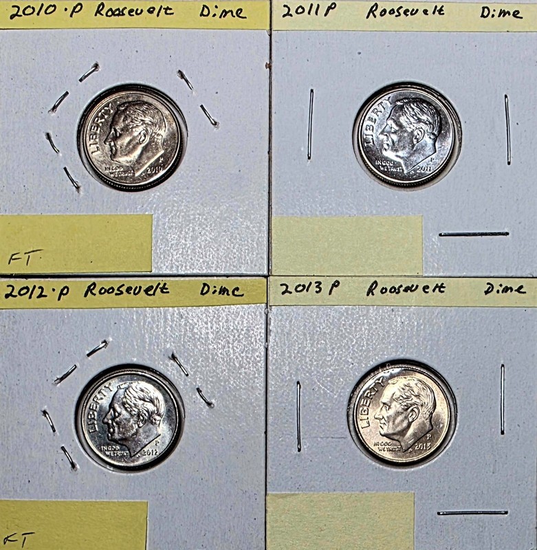 4 - Roosevelt Dimes 2010P, 2011P, 2012P & 2013P  AU/UNC Clad               #5677