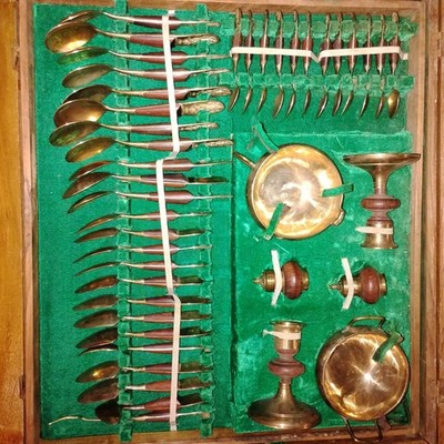 Vintage Bangkok Jewelry Factory 177 Piece Set Brass And Rosewood Flatware Set