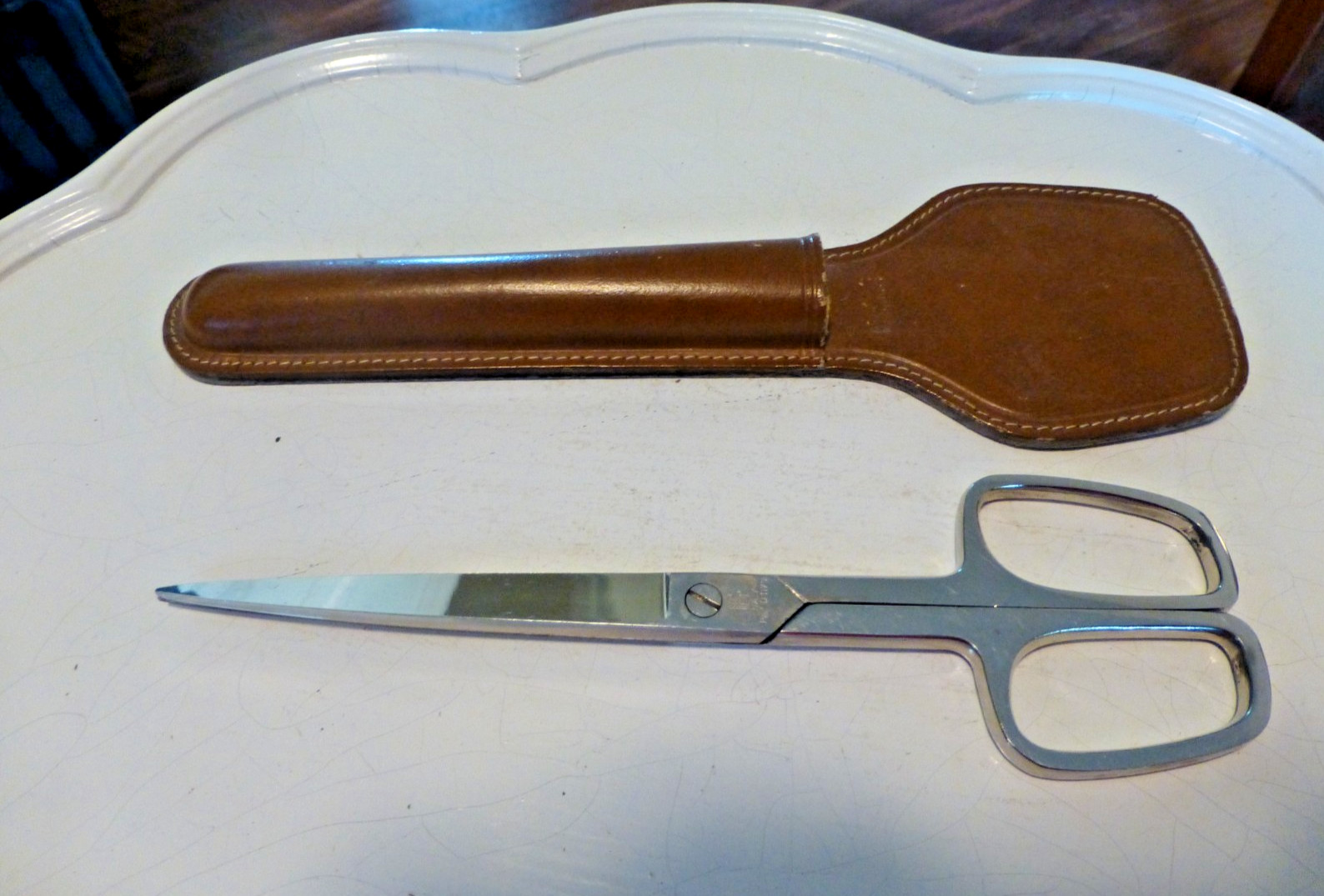 Vintage Italian Scissors with Solingen Germany Cowhide Leather Brown Case Holder