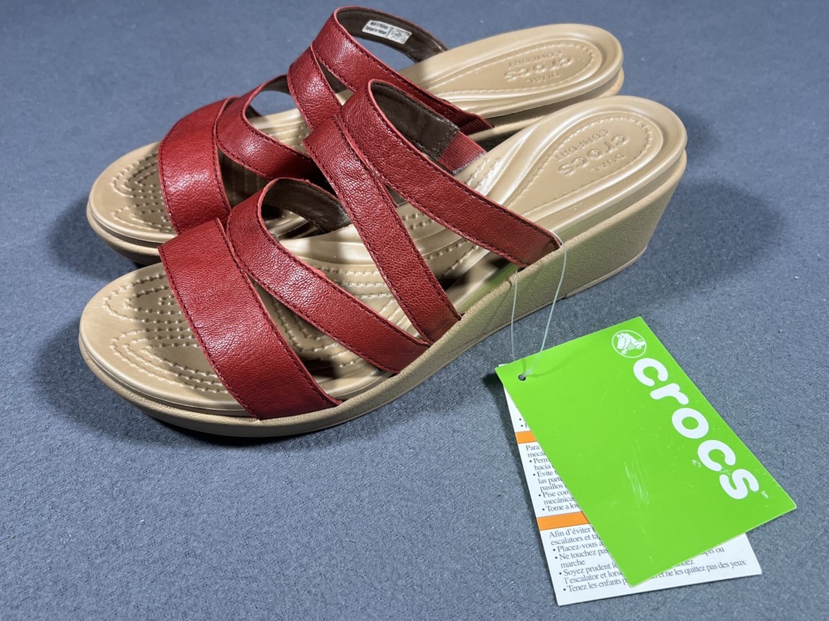 CROCS Leigh Ann Mini Wedge Sandals Women’s Red Leather Work Travel NEW NWT