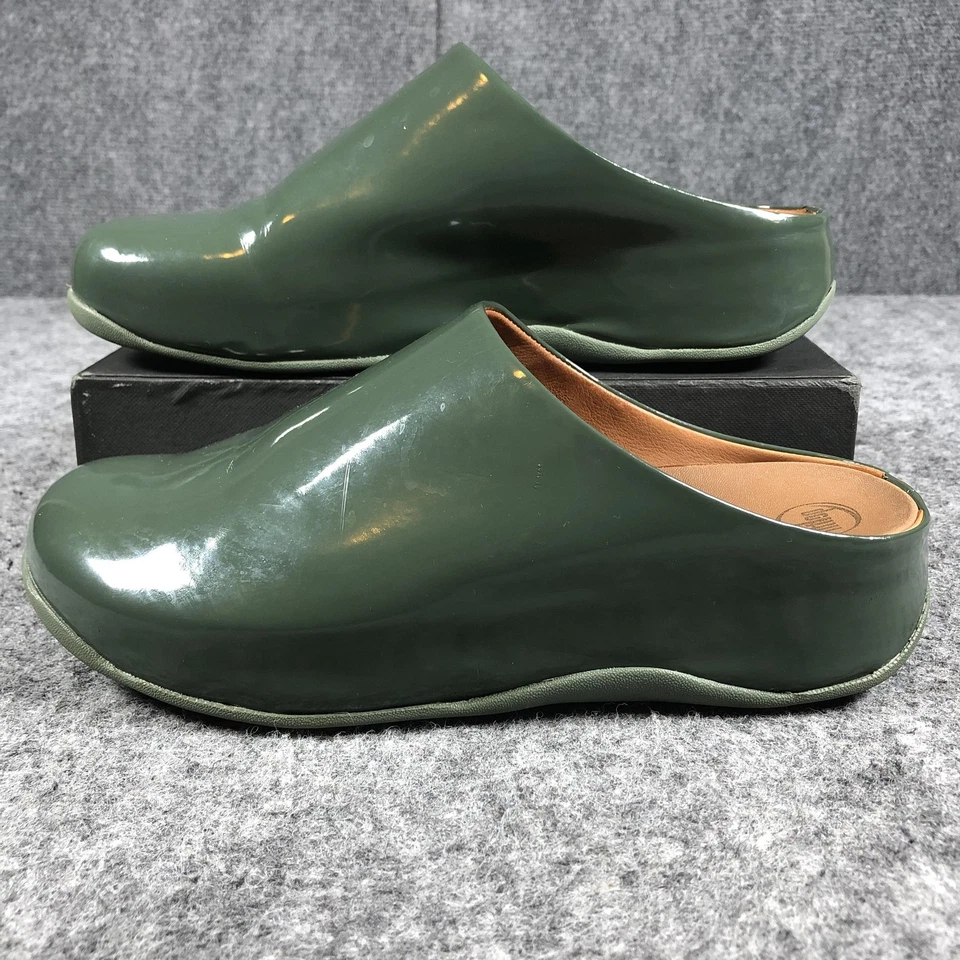 Zapatos FitFlop para mujer 9 verde charol zueco sin cordones mula cómodo informal 322276 Foto 3 de 4