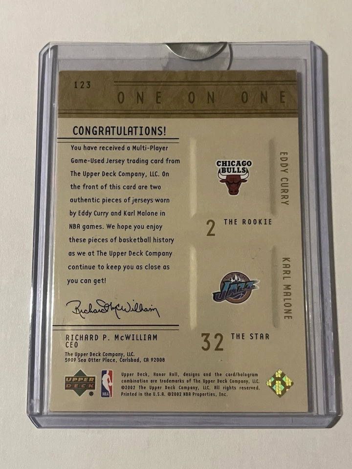 KARL MALONE EDDY CURRY DUAL JERSEY 2001-02 UPPER DECK HONOR ROLL 123 SN #/1000 - Image 2 of 2