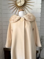 Vintage Ivory Swing Coat Real Fur Collar 50s 60s cream beige Bridal S wool USA