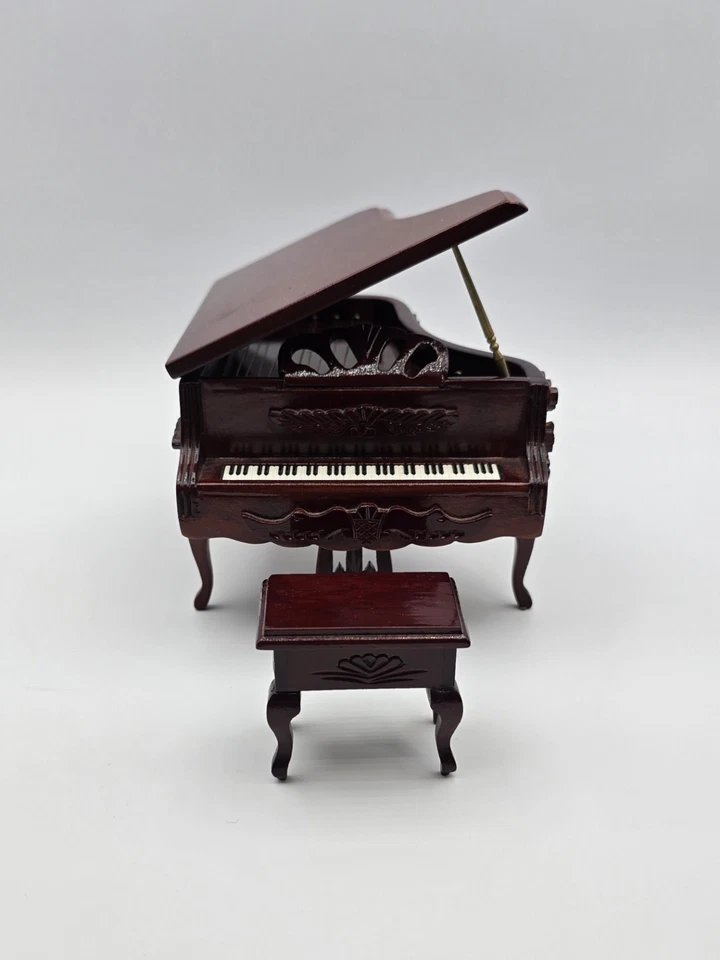 Casa de muñecas miniaturas caoba piano de cola y taburete escala 1:12 cuerda caja de música Foto 3 de 4