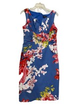 Adrianna Papell 10 BlueRed Sheath Midi Sleeveless Dress Ruched Waist Stretch EUC