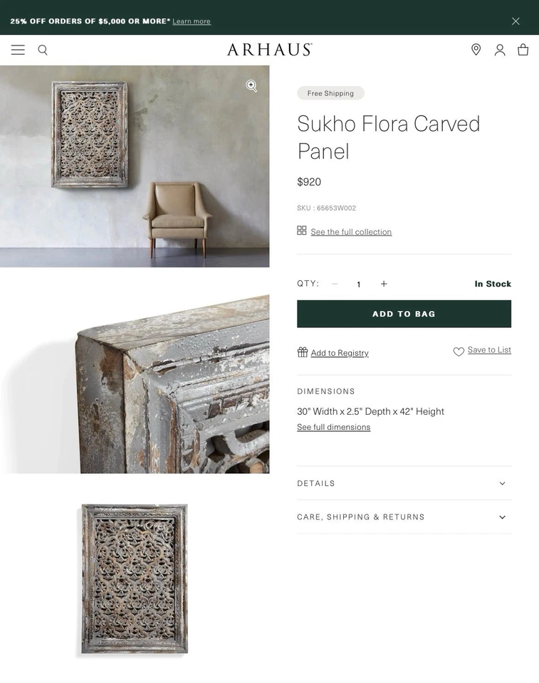 Panel de pared de madera tallada Arhaus Foto 4 de 4