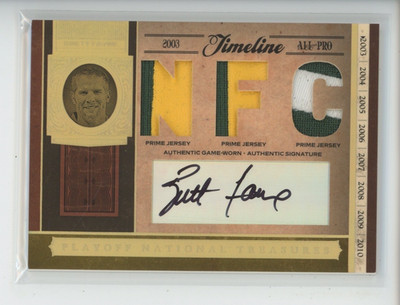 BRETT FAVRE AUTO LOGO PATCH 2006 NATIONAL TREASURES TRIPLE 4/4 JERSEY # 1/1