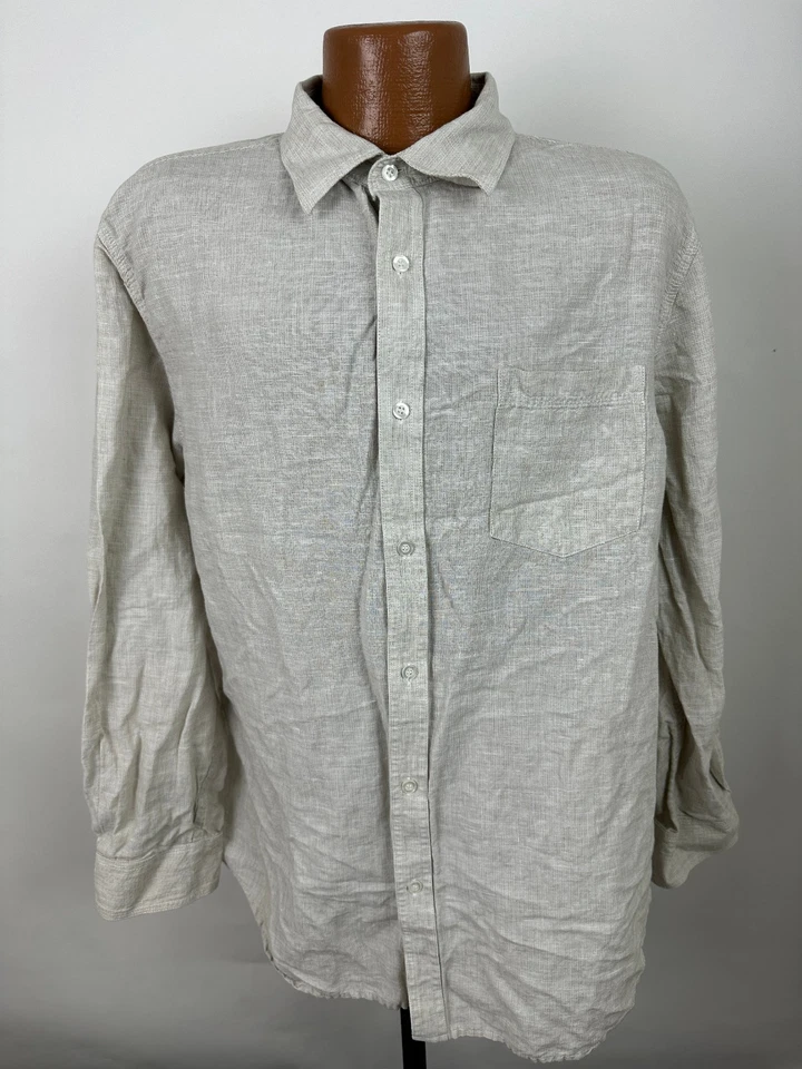 Camisa De Colección Años 90 Mezcla de Lino Hombres XL Abotonada Mínima Informal Beige Estructura Foto 2 de 4