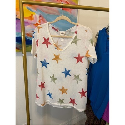 BiBi White Star Print V-Neck Tee small oversized Seasonal Holiday Trendy