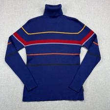 Vintage 80s Obermeyer Kathy Striped Turtleneck Sweater Women M Blue Ski Wool