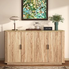 60" Fluted Buffet Cabinet with Adjustable Shelves, Faux Marble Top