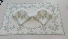 Vintage MADEIRA Linen 3 pc Breakfast Set Hand Embroidered Applique Mint Green