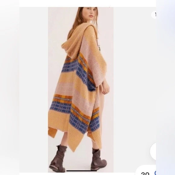 Free People Mercer Hooded Striped Knit Long Poncho Sweater OS Boho Cozy Soft
