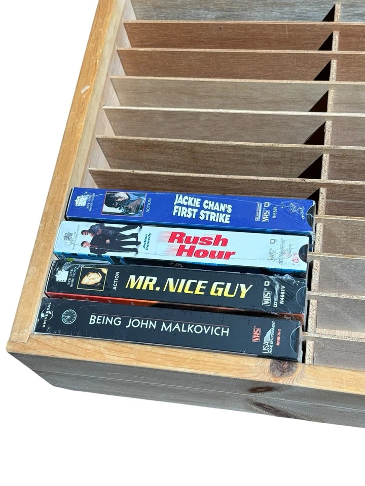 Vintage Napa Valley Box 42-Slot VHS Tape Rack Holder Storage Wood + Chan Tapes - Image 2 of 4