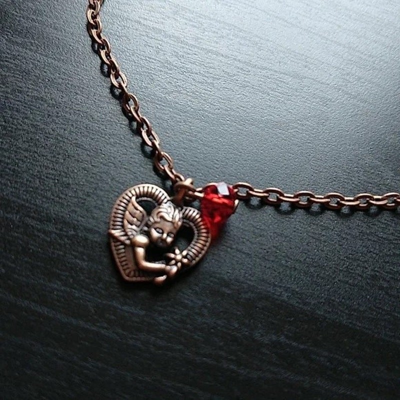 Anklet, heart cherub angel fairy brass red bead 9