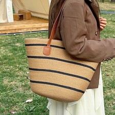 Woven Straw Tote Bag Women Casual Striped Shoulder Handbag Large Capacity