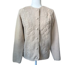 Vintage Cream Floral Knit Cardigan Granny Sweater Cottagecore Coquette Medium