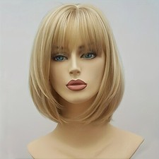 12-Inch Blonde Highlight Short Straight Wig With Bangs For Women Heat Resistant