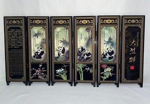Chinese Giant Panda Wood & Lacquer 6 Fold Table Screen