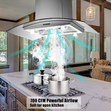 36 in Island Range Hood Stainless Steel 900CFM Tempered Glass 3-Speed Fan w/LEDs