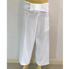 White Pants Thai Fisherman Long Leg Unisex Boho Yoga Pilates Massage Spa