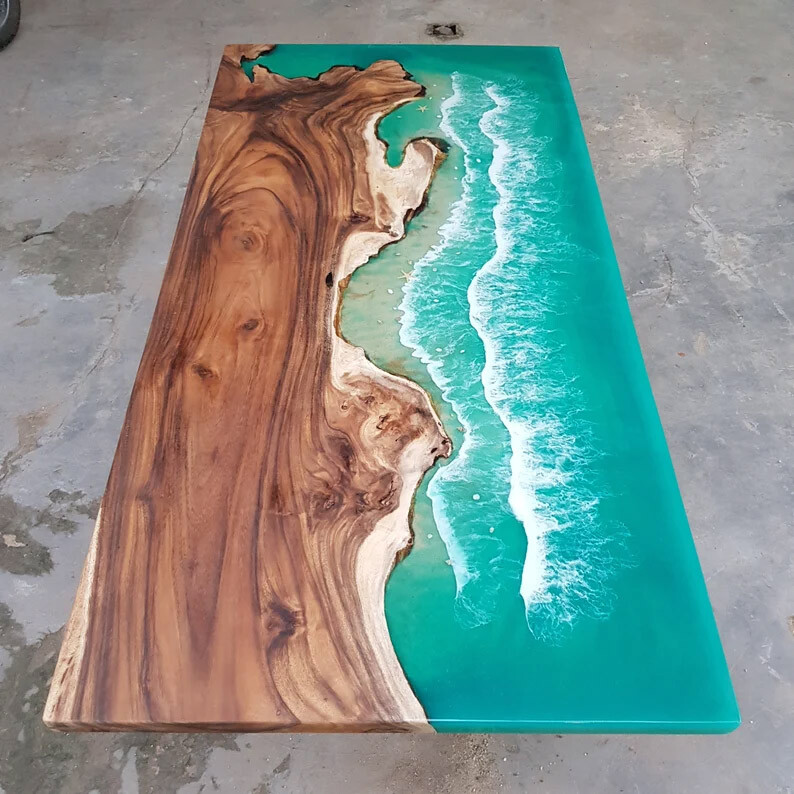 Green Ocean Resin Epoxy Dining Table, Resin Coffee Center Side Table Furniture