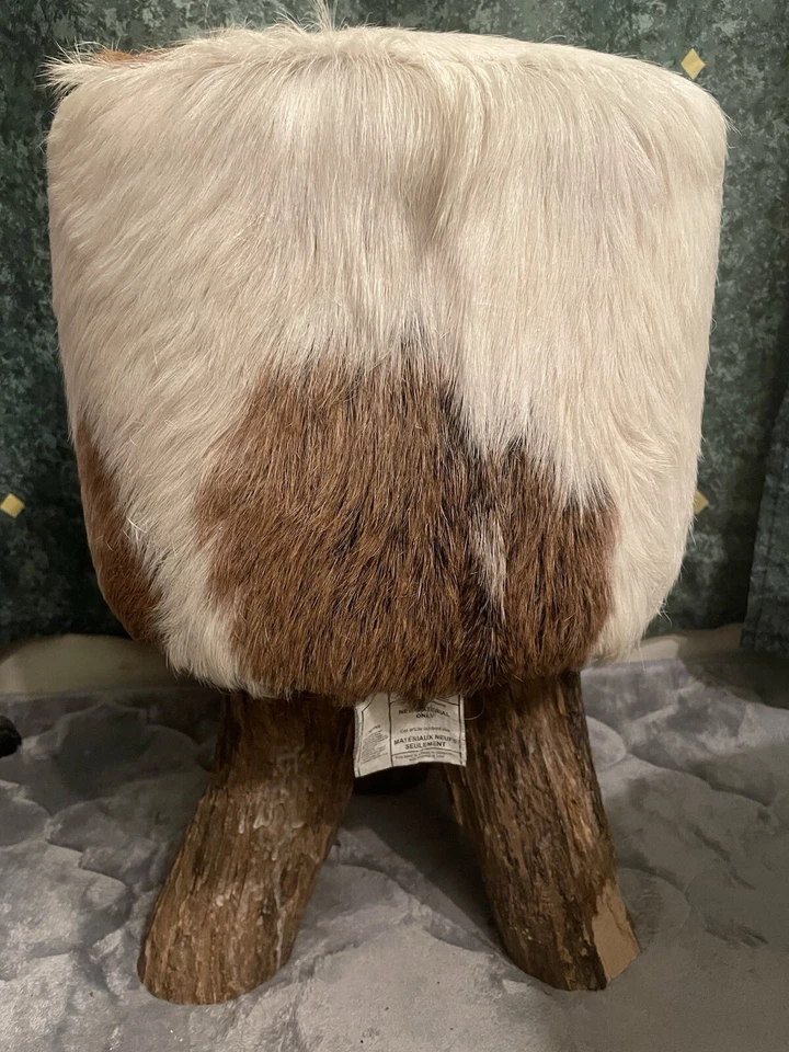 Beautiful Goat Hide Teak Timber Round Stool - Image 3 of 4