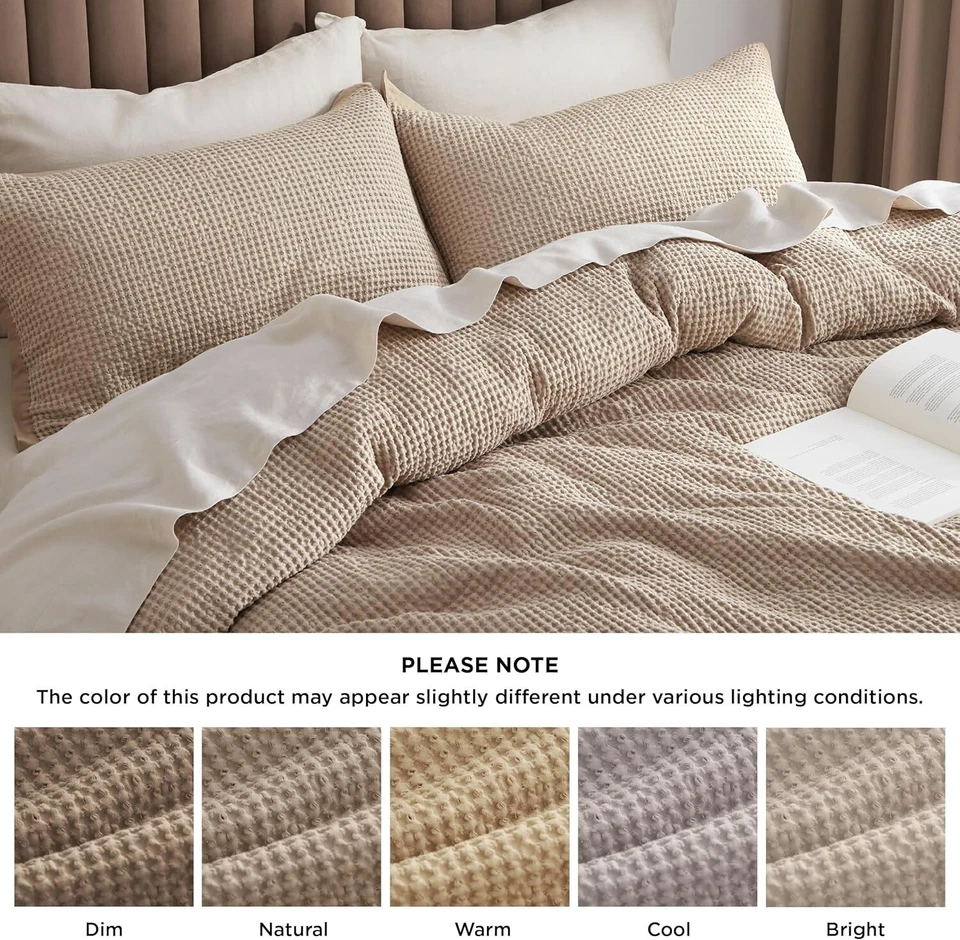 Juego de funda nórdica de algodón - Funda nórdica 100 % algodón tejido gofre caqui de gran tamaño Foto 4 de 4