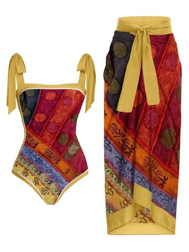 Women's One Piece Swimwear with Beach Cover Up Skirt Bikini Set Summer Swimsuit - Picture 26 of 80