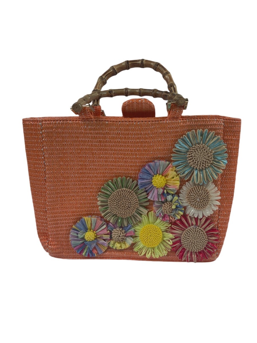Haute Hippie Straw Floral Peach Satchel Bag W/ Straw Handles