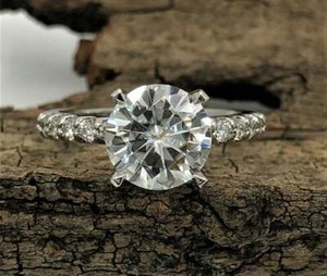 Authentic 2 Ct Round Moissanite Four Claw Knife Edge Engagement Ring 14K White Gold Plated
