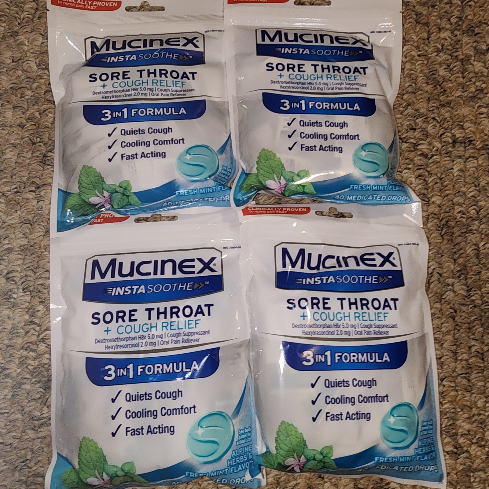 4 Mucinex Sore Throat + Soothing Alpine Herbs & Fresh Mint Drops 40 EA