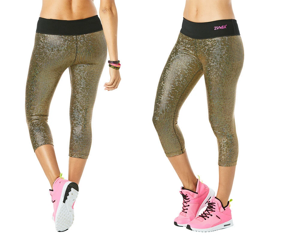 Zumba Light Up The Dance Floor Metallic Capri Leggings ~ Gold ~ XS S M L  ~New