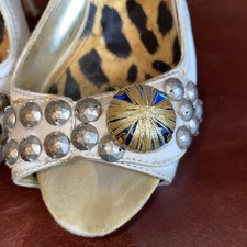 RARE VTG BEBE heeled Sandals Studded Beige Satin 7.5