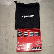 Husky 12ft x 1in Ratchet Tie Down Straps 4-Pack 500lb WLL S-Hook Black