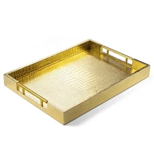 17" x 12" Wood Serving Tray with Gold Polished Metal Handles, Home Decorative...