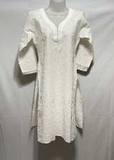 Womens L Short Kurti White Embroidered Faux Pearl Tunic Top