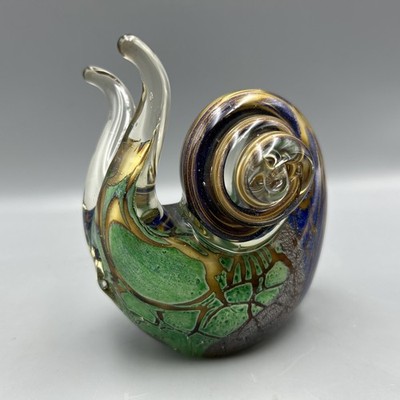 Vintage Beautiful Hand Blown Art Glass Snail Figurine/Paperweight Gold Turquoise
