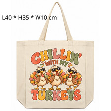 Chillin With My Turkeys Canvas Tote Bag Funny Thanksgiving Retro Shoulder Bag