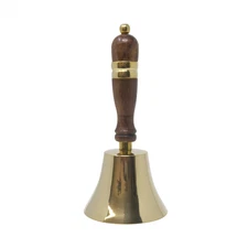 Traditional brass coloured school library hand bell with wooden handle