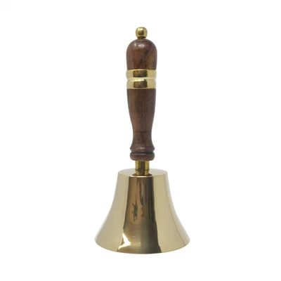 THORNESS Traditional brass coloured school library hand bell with wooden handle