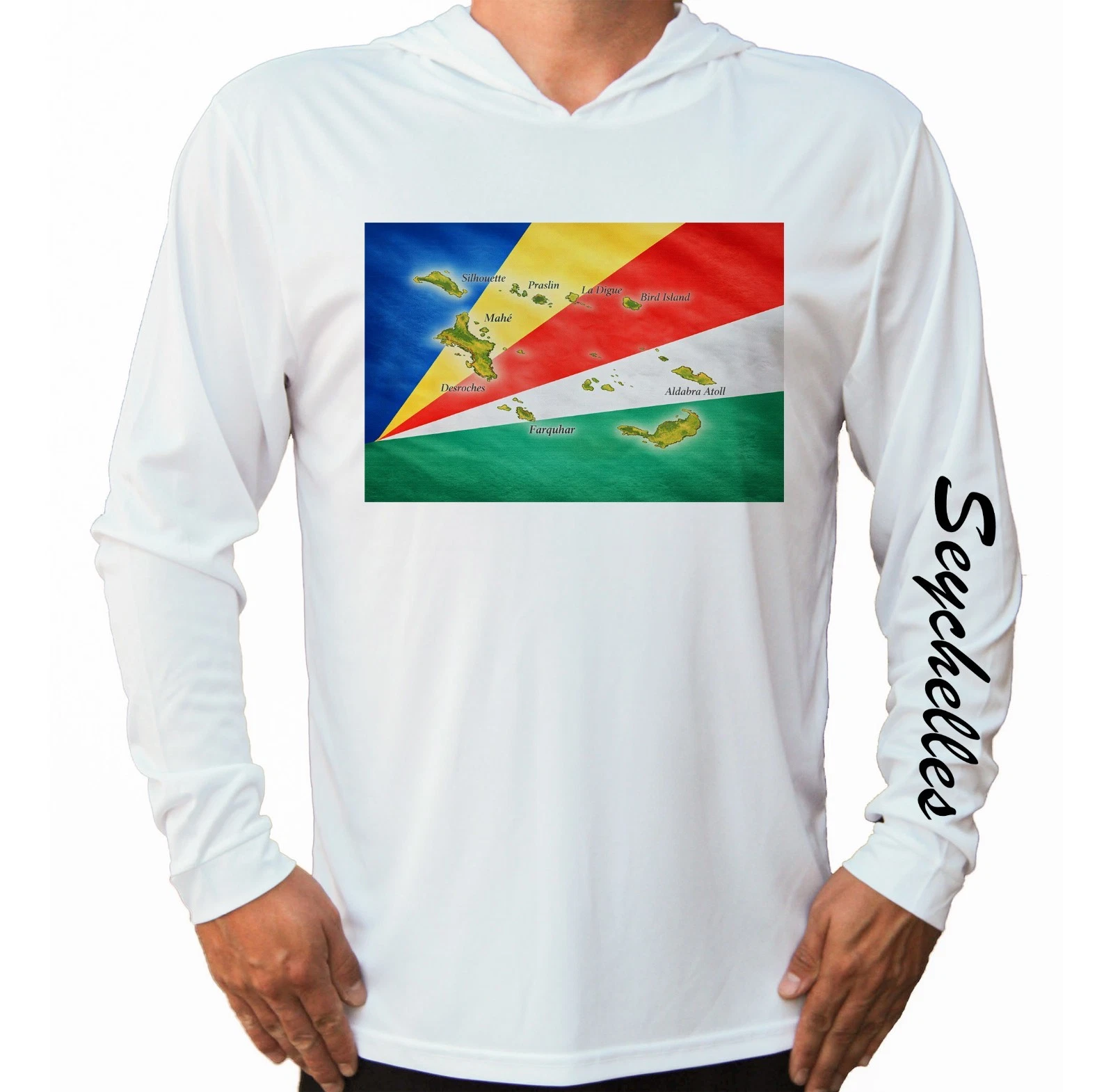 Seychelles Islands Map Flag Sun T-Shirt UV Protected UPF 50 Long Sleeve Hood