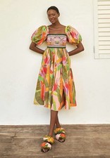 Farm Rio Pink Garden Embroidered Dress Beaded Tropical Puff Sleeve $320 Large