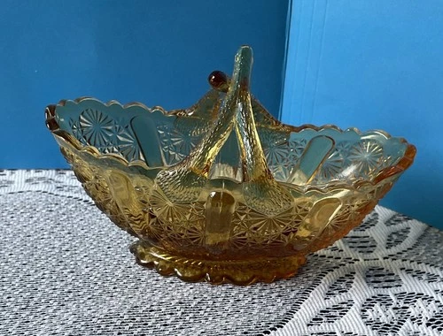 Vintage Fenton Amber Glass Basket Daisy and Button Pattern Split Twig Handle