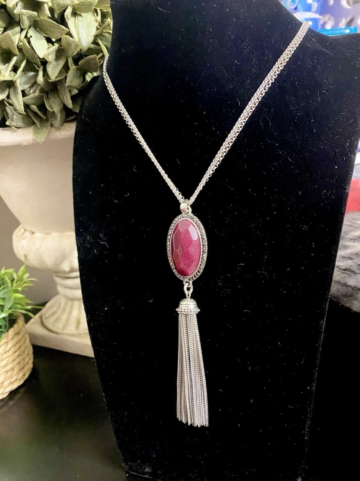 "Collar Colgante Borla 19"" Largo Boho Vintage Marca Lucky Tono Plata Largo" Foto 2 de 4