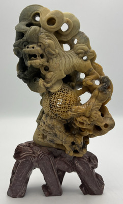 Hand Carved Soap Stone Figurine Statue Fu Foo Dog Lion Incense Burner  10 1/2''